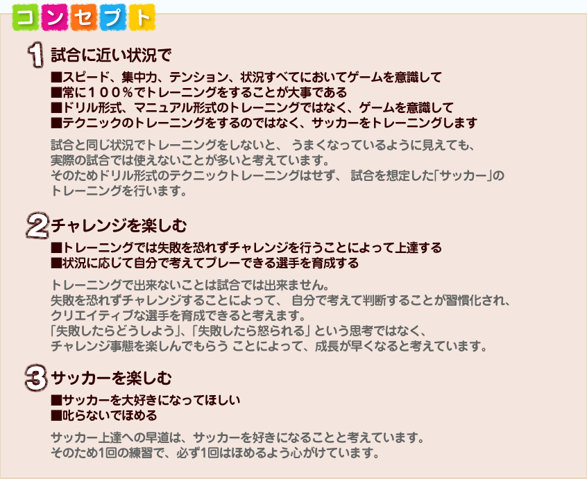 □試合に近い状況で
* スピード、集中力、テンション、状況すべてにおいてゲームを意識して
* 常に100%でトレーニングをすることが大事である
* ドリル形式、マニュアル形式のトレーニングではなく、ゲームを意識して
* テクニックのトレーニングをするのではなく、サッカーをトレーニングします
試合と同じ状況でトレーニングをしないと、 うまくなっているように見えても、
実際の試合では使えないことが多いと考えています。
そのためドリル形式のテクニックトレーニングはせず、 試合を想定した「サッカー」のトレーニングを行います。
□チャレンジを楽しむ
* トレーニングでは失敗を恐れずチャレンジを行うことによって上達する
* 状況に応じて自分で考えてプレーできる選手を育成する
トレーニングで出来ないことは試合では出来ません。
失敗を恐れずチャレンジすることによって、 自分で考えて判断することが習慣化され、
クリエイティブな選手を育成できると考えます。
「失敗したらどうしよう」、「失敗したら怒られる」 という思考ではなく、
チャレンジ事態を楽しんでもらう ことによって、成長が早くなると考えています。
□サッカーを楽しむ
* サッカーを大好きになってほしい
* 叱らないでほめる
サッカー上達への早道は、サッカーを好きになることと考えています。
そのため1回の練習で、必ず1回はほめるよう心がけています。